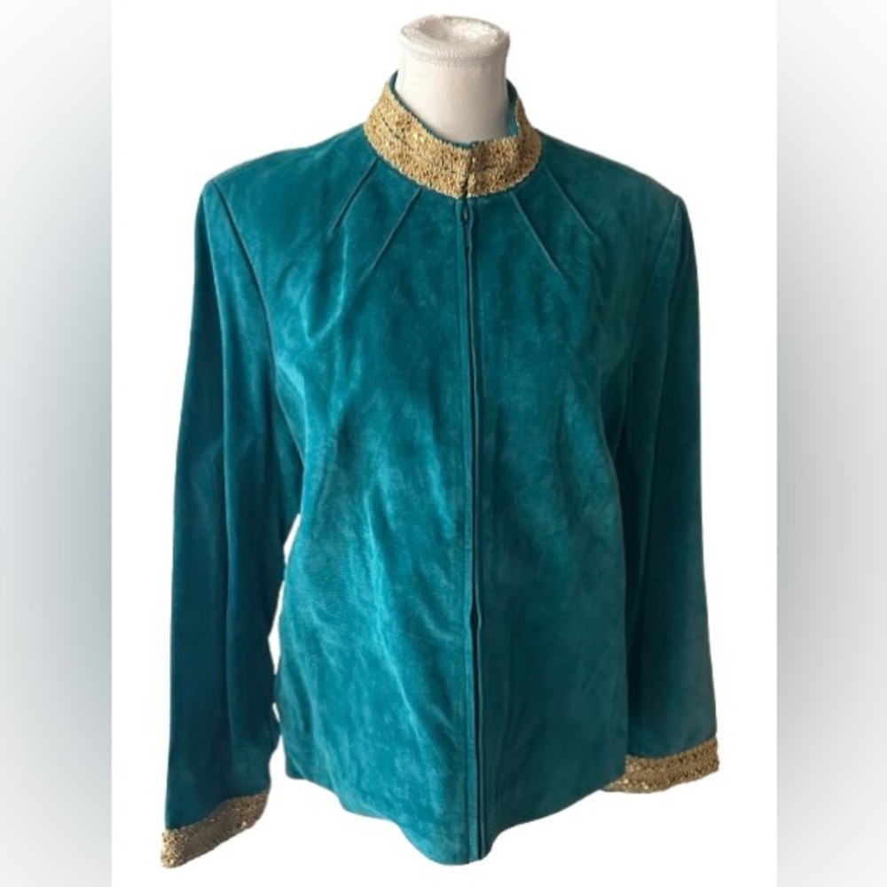 Vintage Suede Large Teal Aqua Blue & Gold Jacket Leather 80s 90s Designer Retro